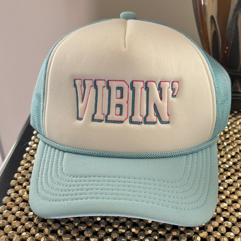 Vibin' Trucker Hat in Light Aqua and Cream
